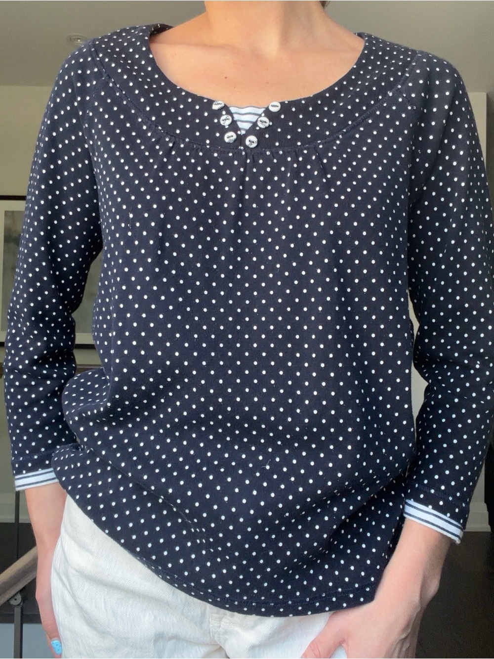 Northern Reflections Navy and White Polka Dot Long-Sleeve Tee